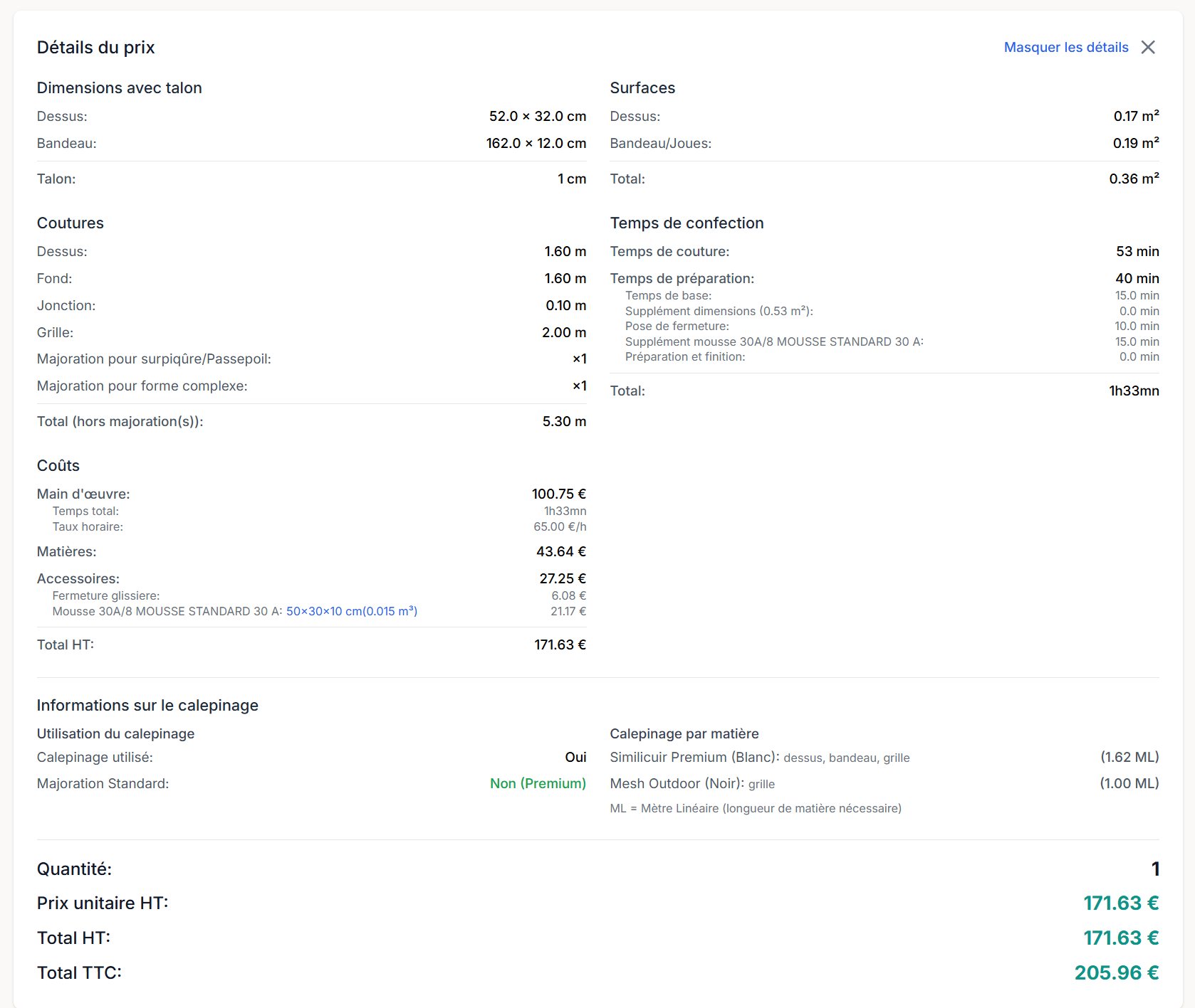 Tarification détaillée
